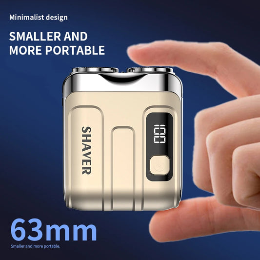 Golden Small shaver held by a hand with text highlighting its size and portability on a blue background