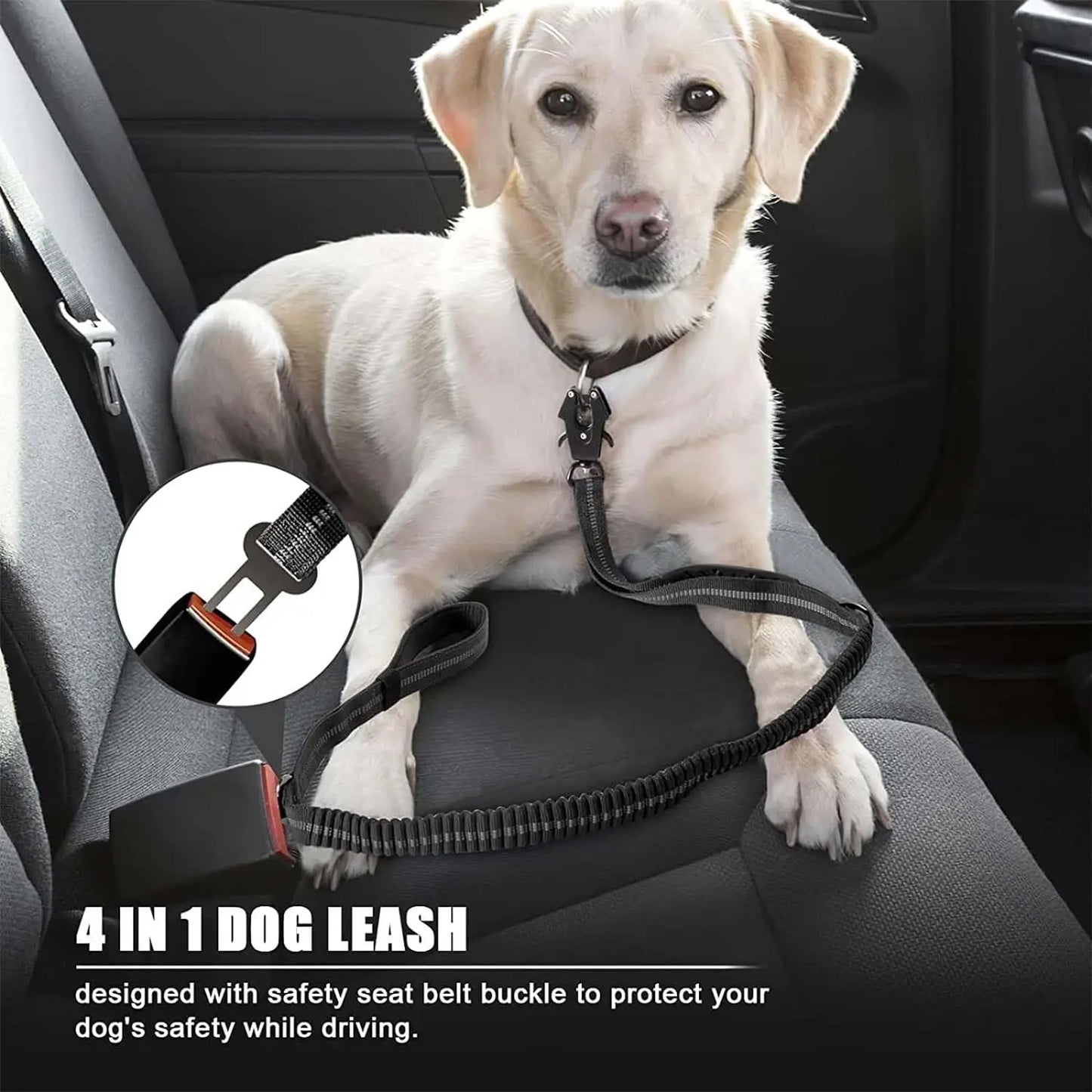 Heavy Duty Tactical Dog Leash with Bungee, Reflective Strips & Seat Belt Clips