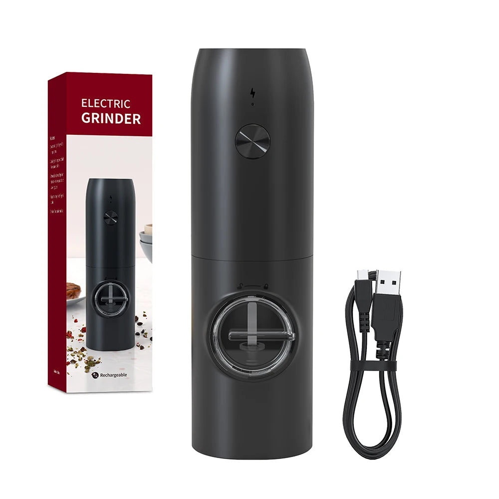 Black electric grinder with packaging, USB cable, and charging dock on a white background