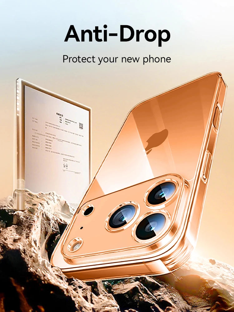 Gold phone case with 'Anti-Drop' text on a rugged background