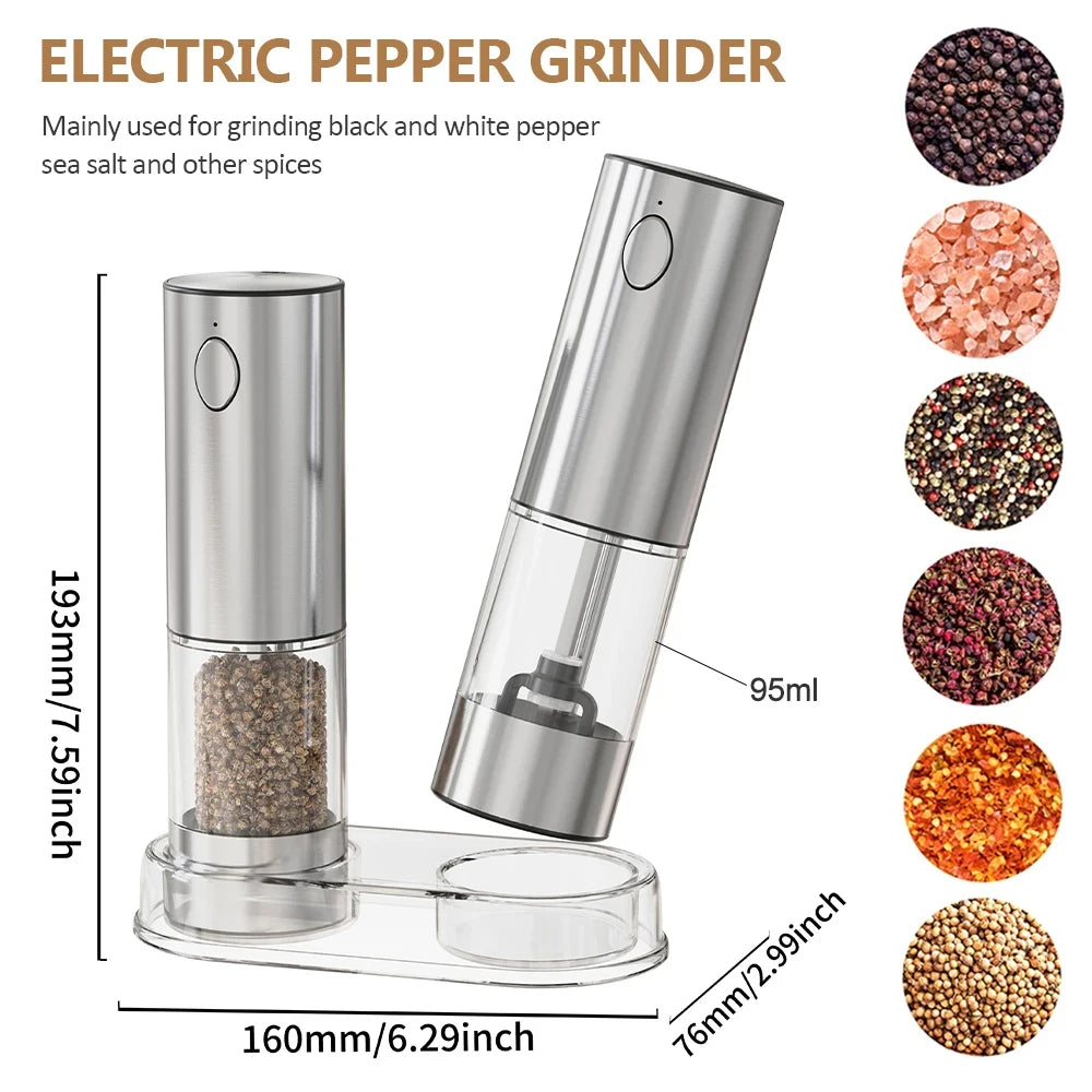 Electric pepper grinder with measurements and examples of ground spices on a white background