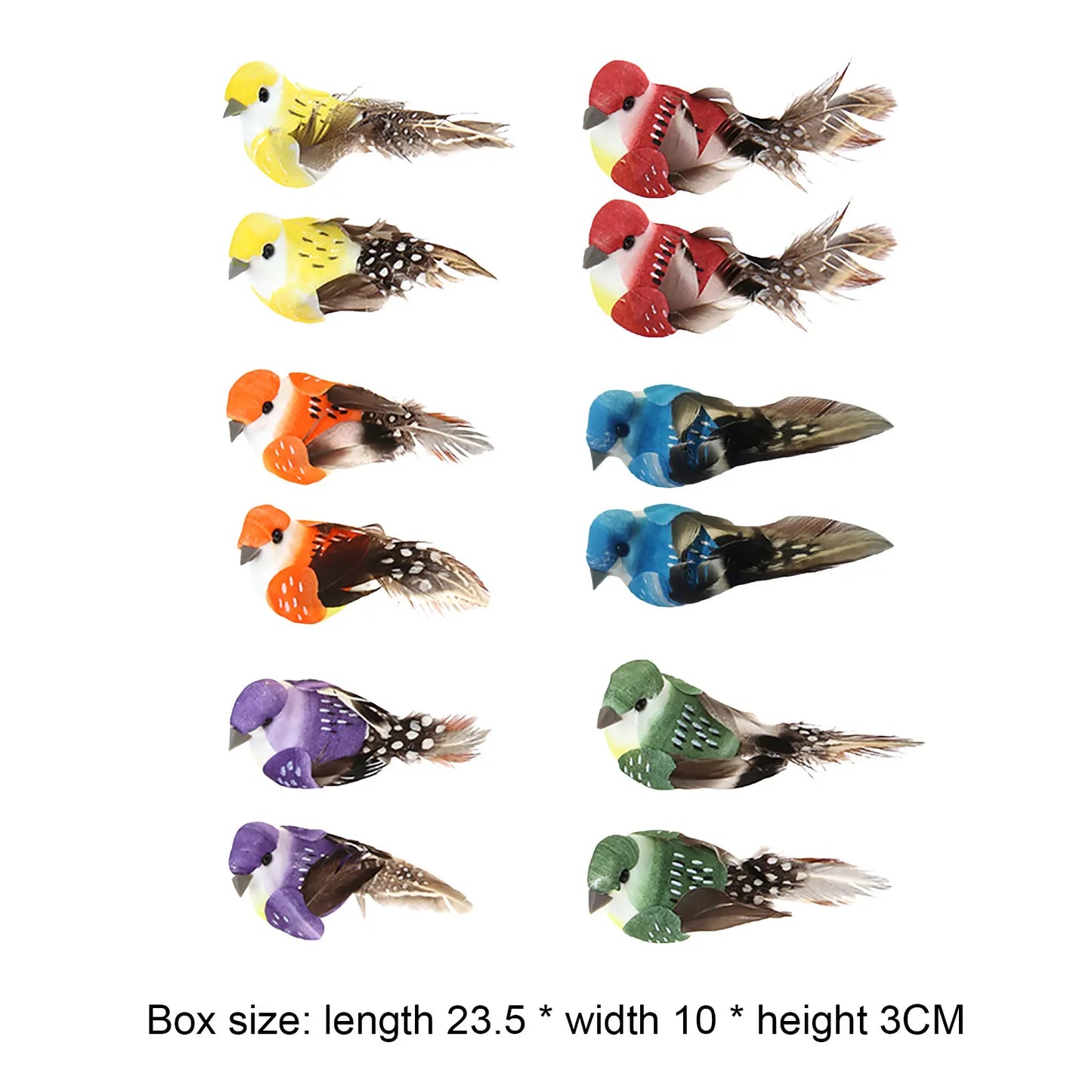 Set of colorful bird-shaped toys on a white background with box dimensions.