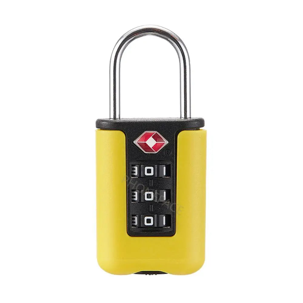 Yellow combination lock with a red and white logo on a white background