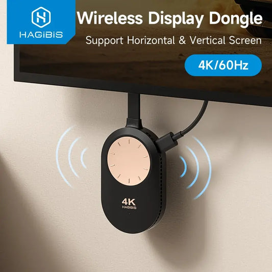 HAGIBIS Wireless Display Dongle with 4K/60Hz support on a neutral background