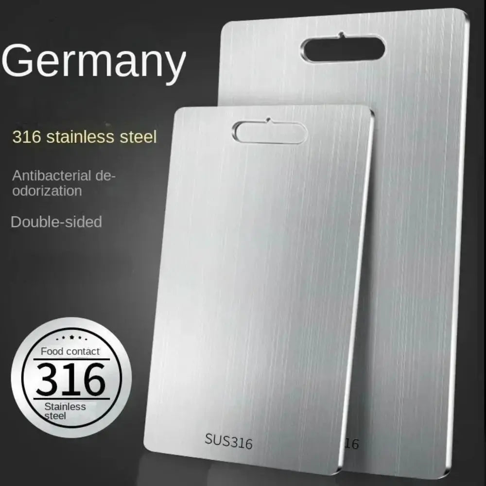 Stainless steel cutting board with 'Germany' and '316 stainless steel' text on a dark background