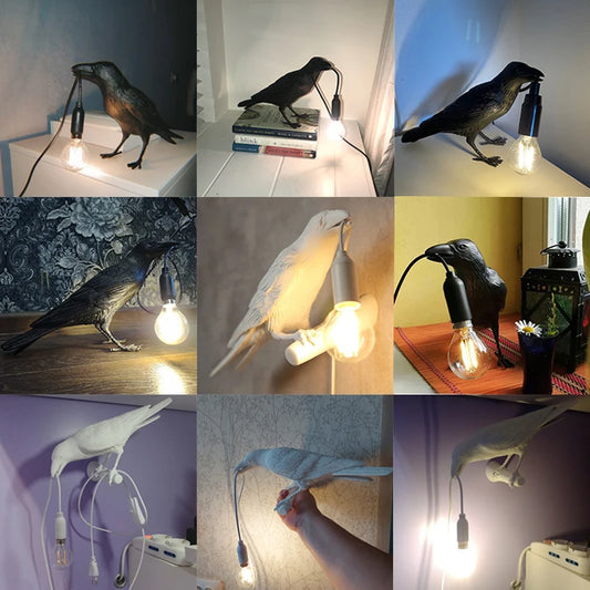 Collage of a bird-shaped lamp in various settings