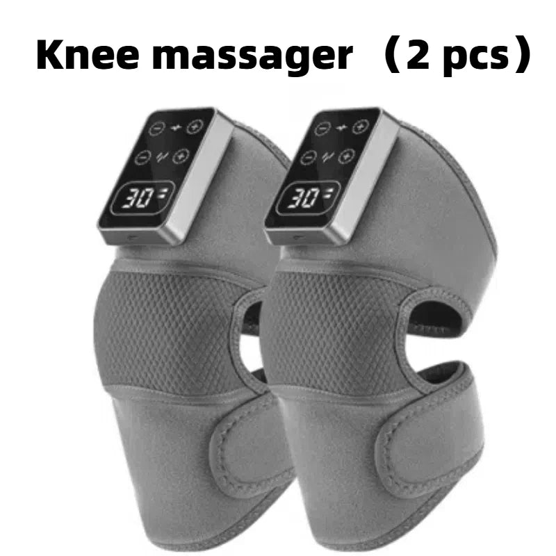 Two gray knee massagers with digital controls on a white background