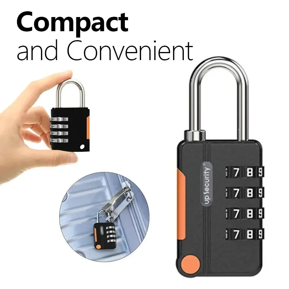 Compact and convenient combination lock with a hand holding it and another lock attached to a zipper.