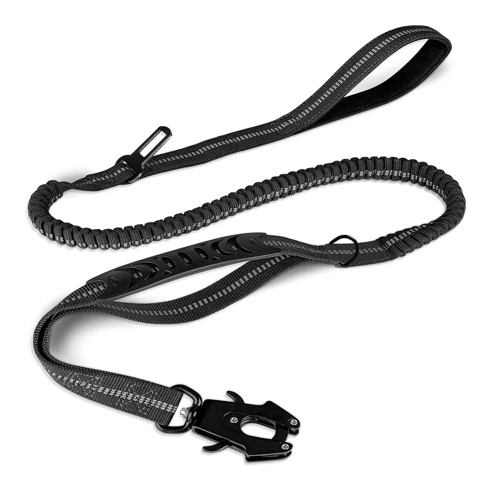 Black Duty Tactical Dog Leash with Bungee, Reflective Strips & Seat Belt Clips