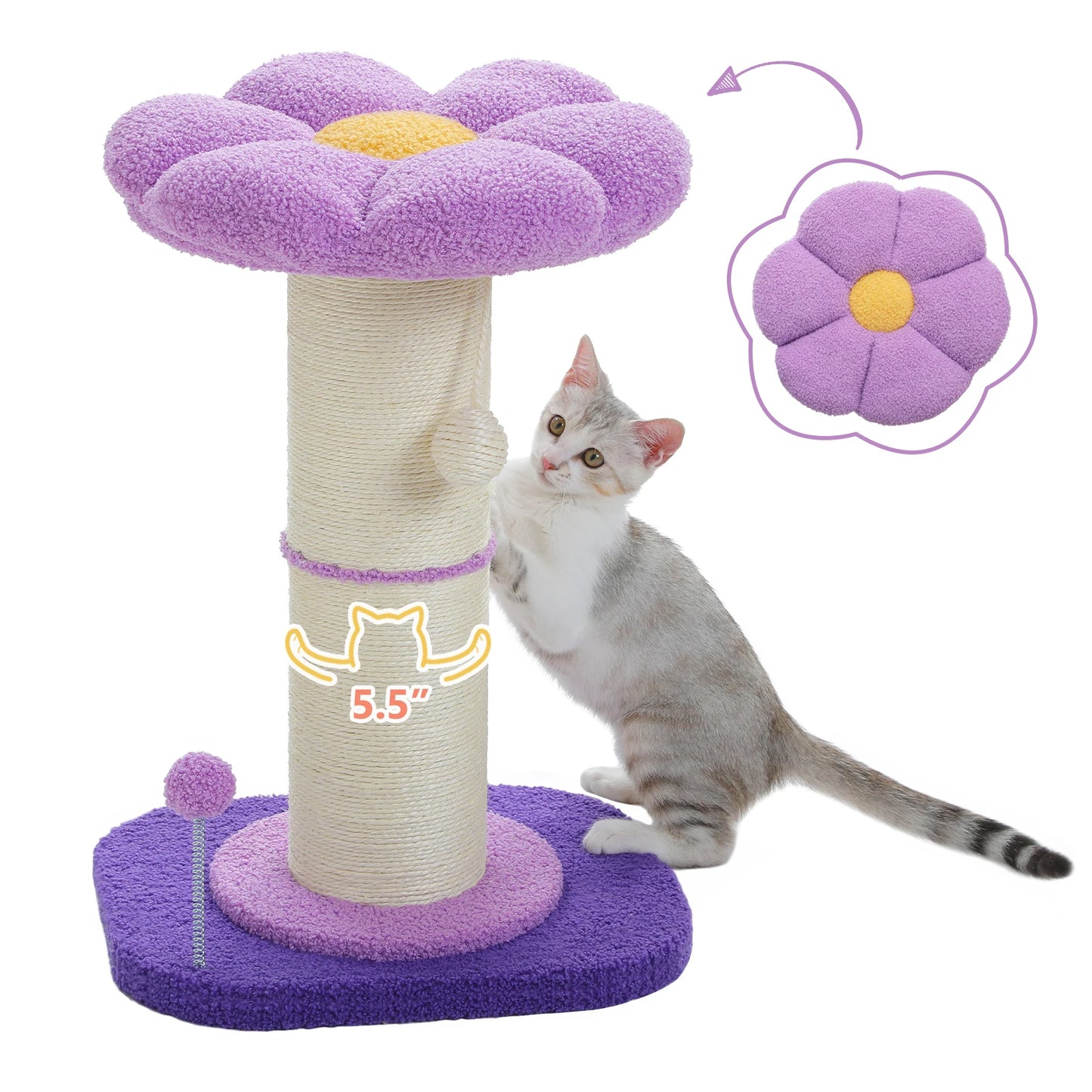 Cat playing with a purple flower-shaped cat tree