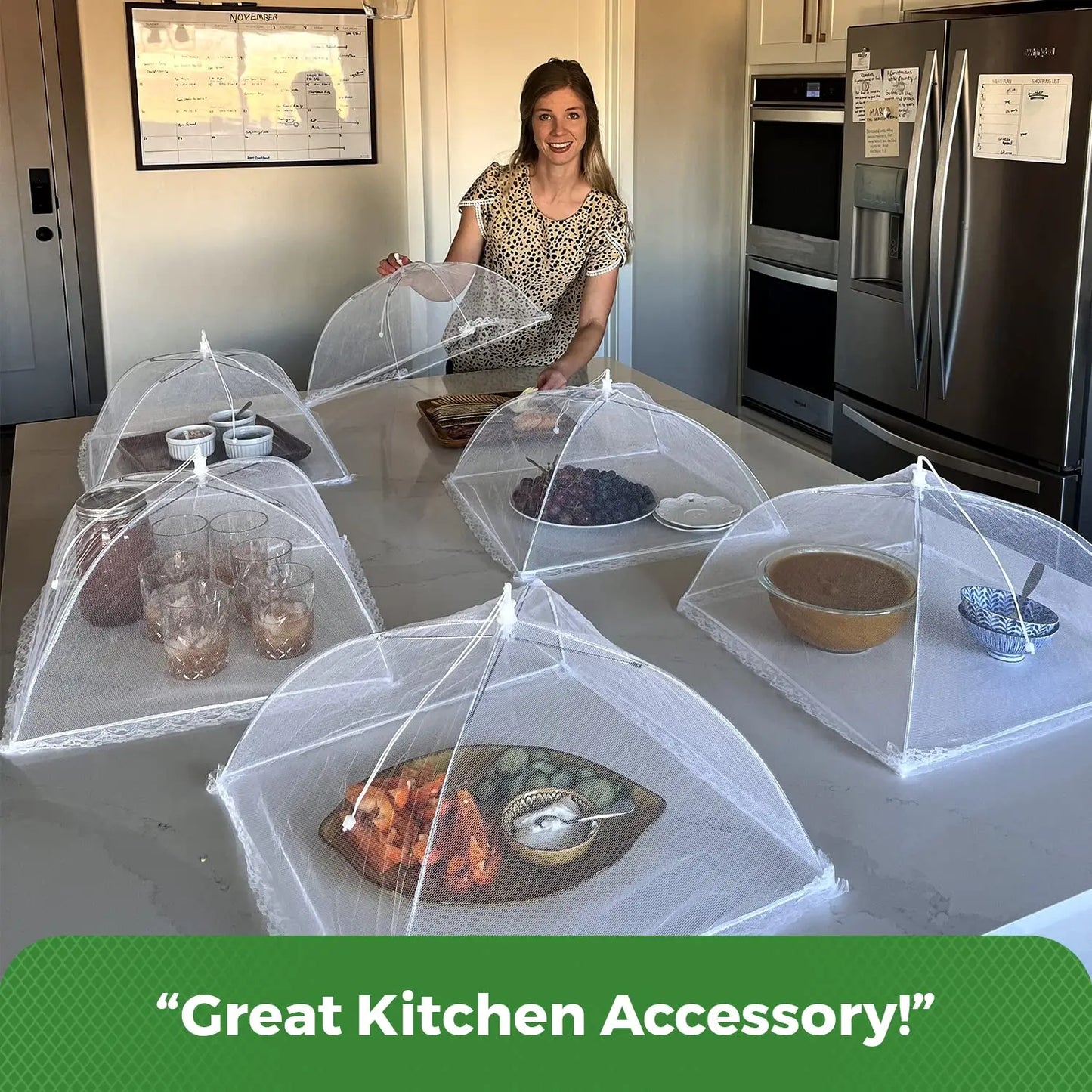 Woman in a kitchen with food covered by mesh covers, text 'Great Kitchen Accessory!' at the bottom.