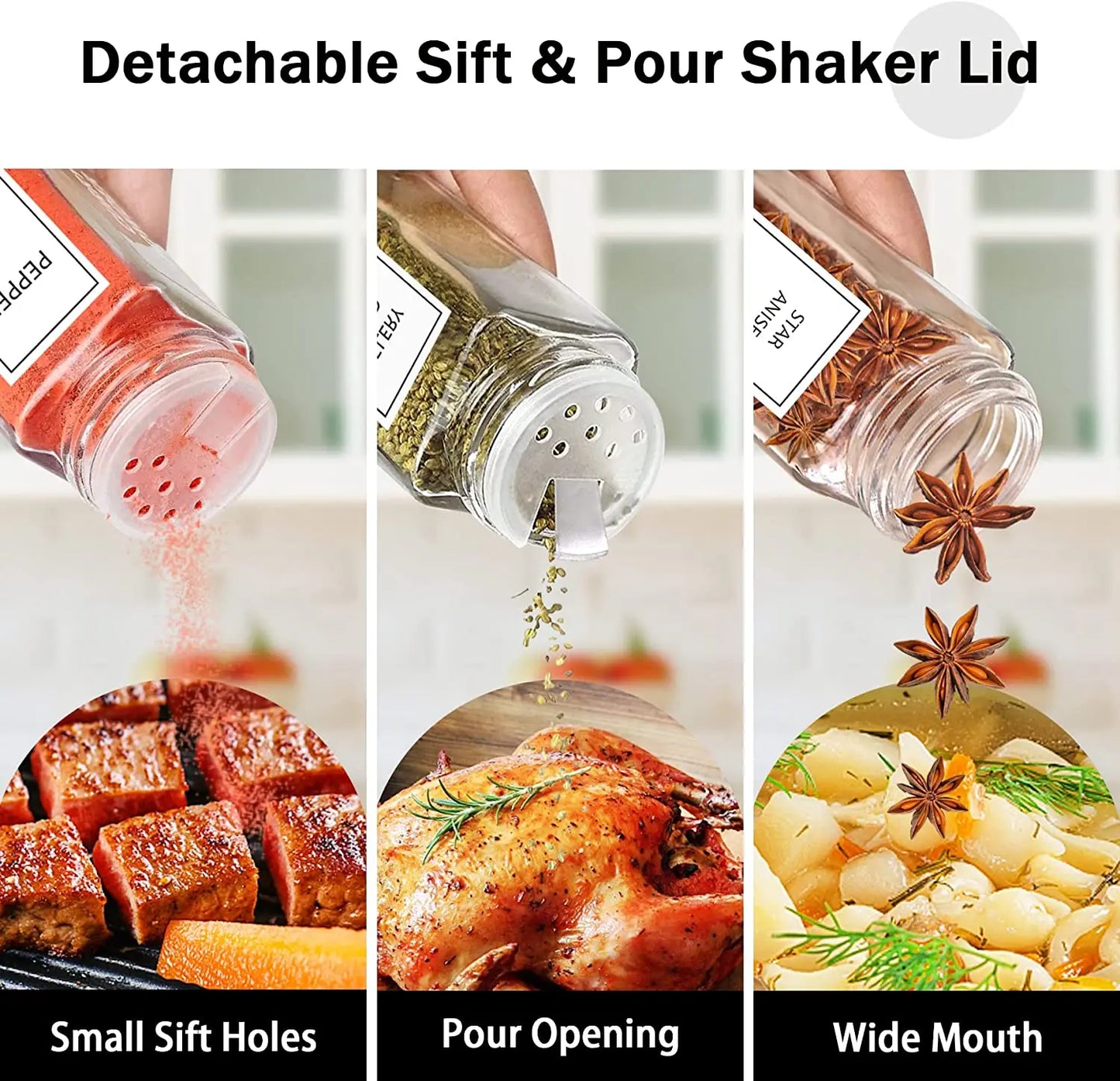 Detachable sift and pour shaker lid with various uses on a white background