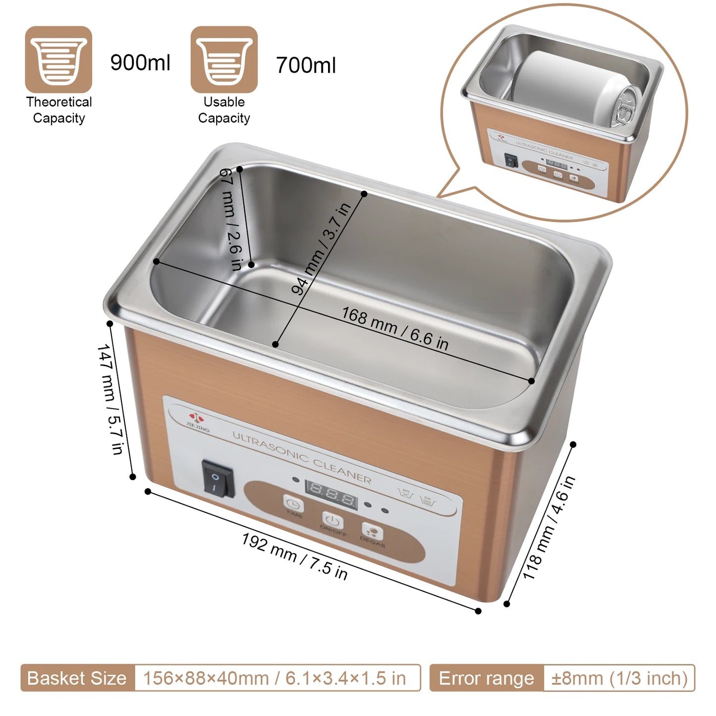Ultrasonic Cleaner - 900mL, 60W, 40kHz for Jewelry & More