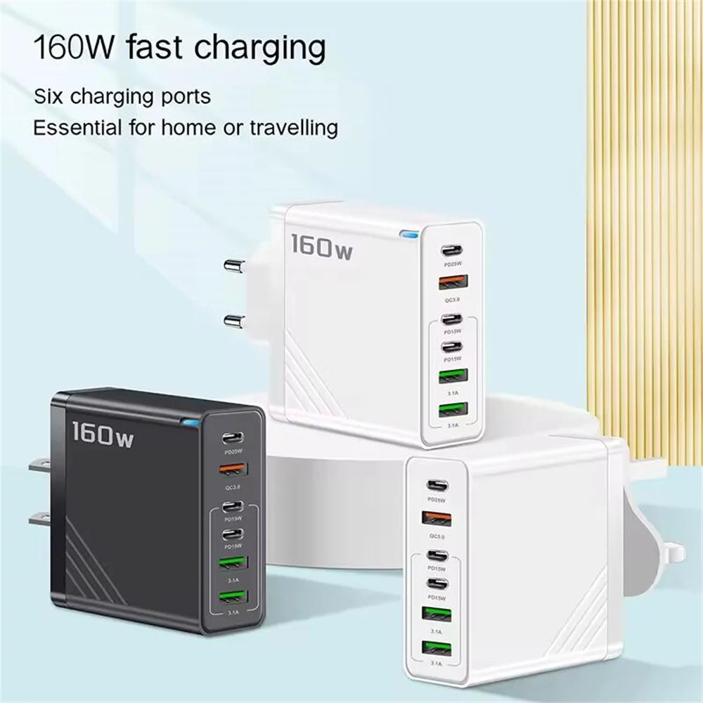 Two charging adapters with multiple ports on a light blue background