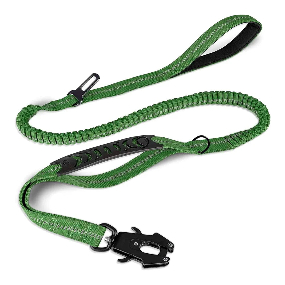 Green dog leash with black clip on a white background