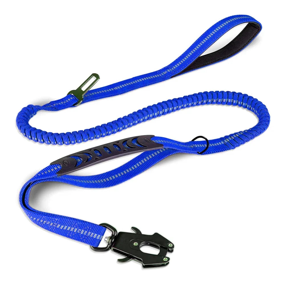 Blue dog leash with a black metal clip on a white background