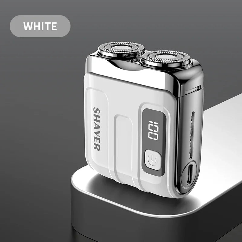White electric shaver with digital display on a gray background