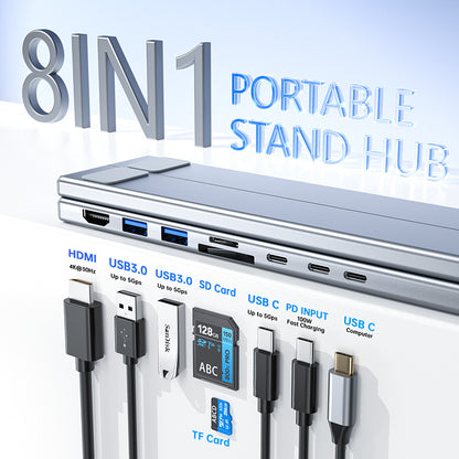 8-in-1 portable stand hub with multiple cables and connectors on a light blue background