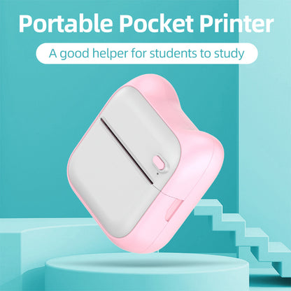 Pink portable pocket printer on a blue platform with text about being a good helper for students to study.