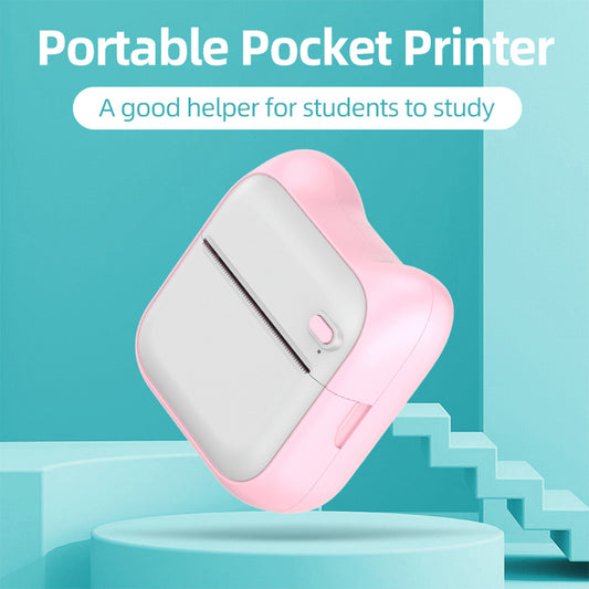 Pink portable pocket printer on a blue platform with text about being a good helper for students to study.