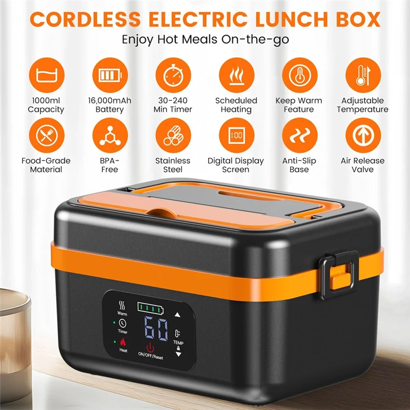 Cordless Electric Lunch Box – Rechargeable Self-Heating Food Warmer (16,000mAh)