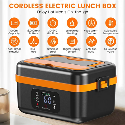 Cordless Electric Lunch Box – Rechargeable Self-Heating Food Warmer (16,000mAh)