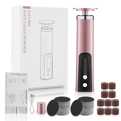 Electric foot callus remover with packaging, attachments, and user manual on a white background