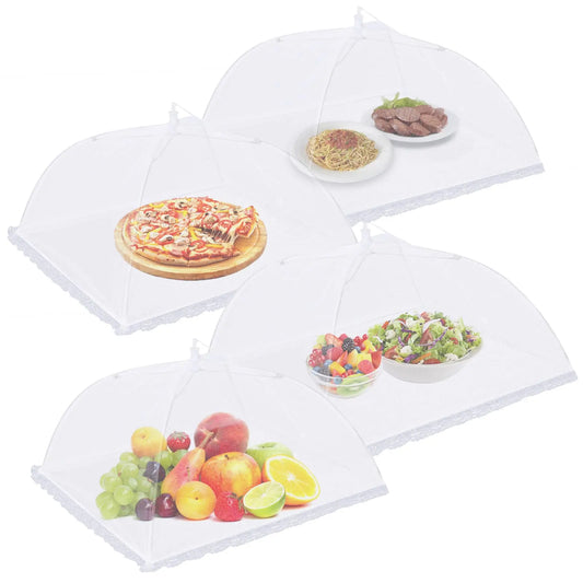Set of four white food covers displaying various foods on a white background