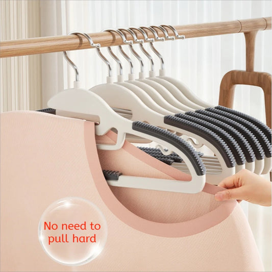 Set of hangers with a pink garment on a wooden rack, with text 'No need to pull hard'.