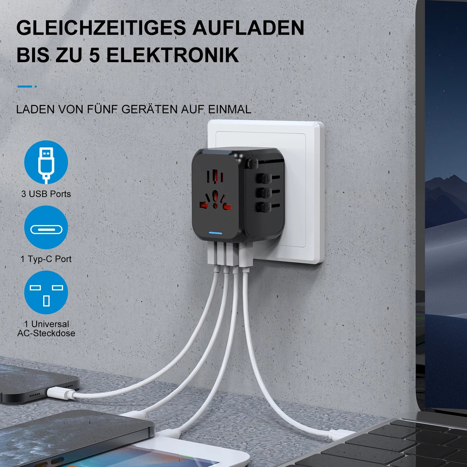 Multifunctional charging adapter with multiple ports connected to devices on a gray surface.