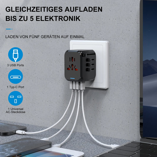 Multifunctional charging adapter with multiple ports connected to devices on a gray surface.