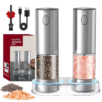Electric pepper grinder set with packaging, cable, and salt and pepper samples on a white background.
