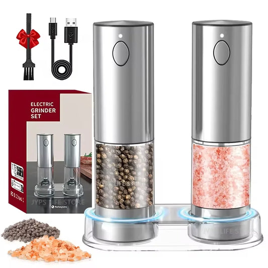 Electric pepper grinder set with packaging, cable, and salt and pepper samples on a white background.