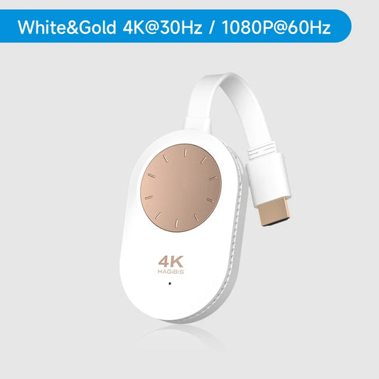 White and gold electronic device with cable on a light gray background