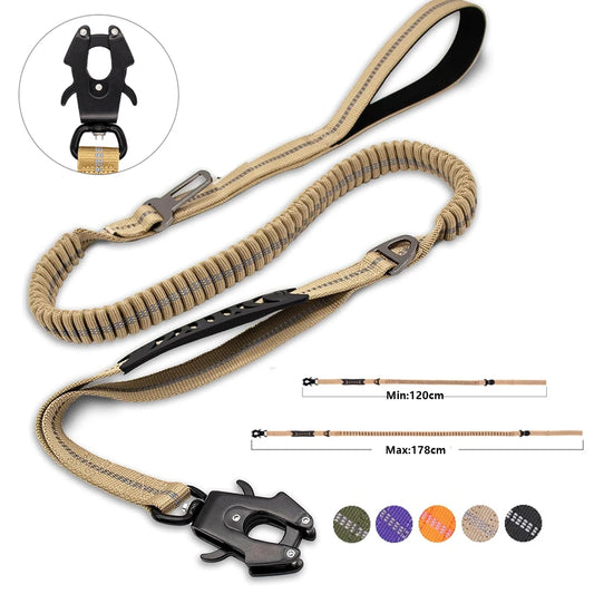 Heavy Duty Tactical Dog Leash with Bungee, Reflective Strips & Seat Belt Clips
