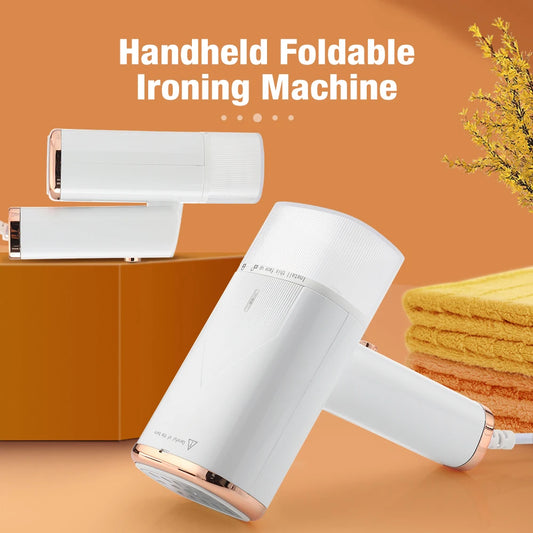 Handheld foldable ironing machine on an orange background with folded yellow fabric.
