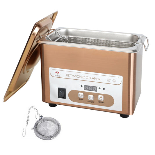 Ultrasonic cleaner with a mesh basket on a white background
