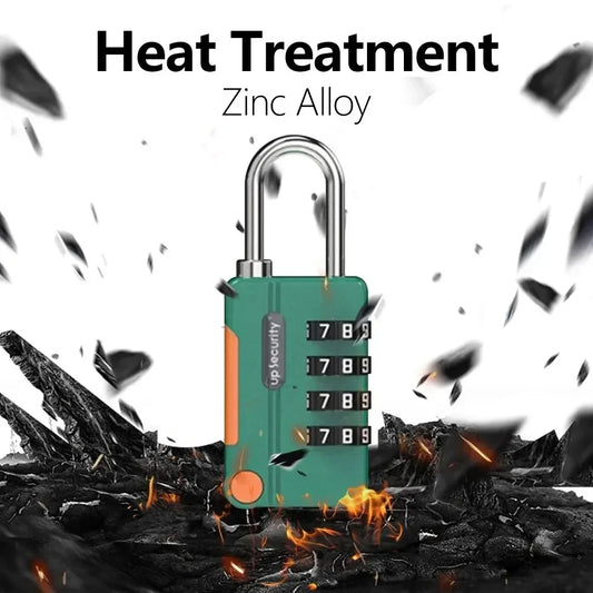 Green combination lock with 'Top Security' branding on a background of heat and destruction.