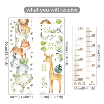 Set of animal-themed wall stickers with a growth chart on a white background