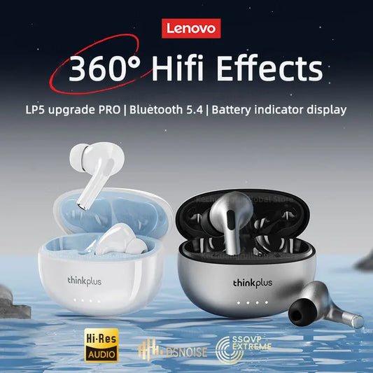Lenovo thinkplus wireless earbuds with charging case on a water-themed background