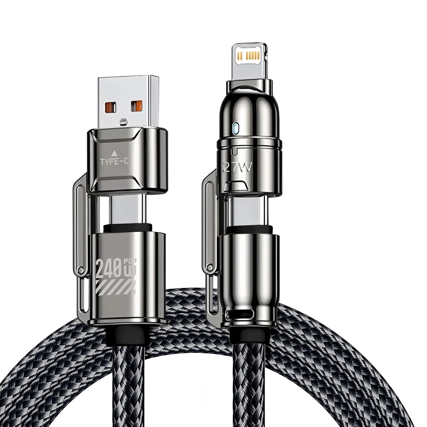 Multifunctional charging cable with USB-C, Lightning, and Type-C connectors on a white background.