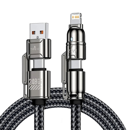 Multifunctional charging cable with USB-C, Lightning, and Type-C connectors on a white background.