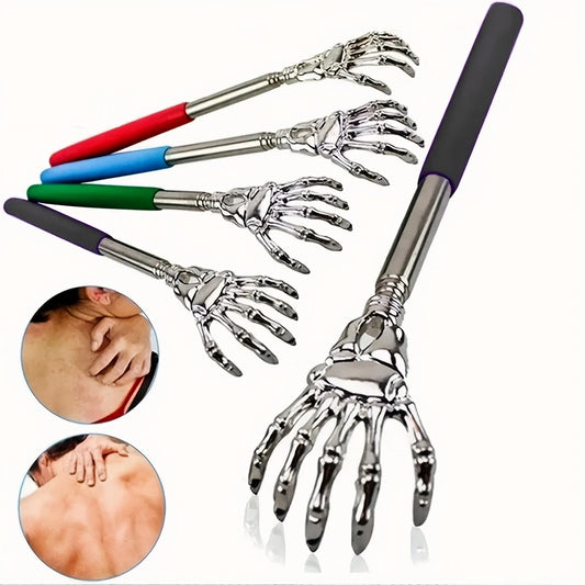 Hand-shaped massage tool with color-coded handles on a white background