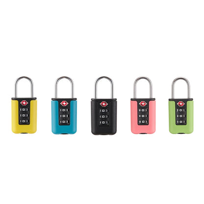 Five colorful combination locks on a white background