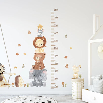 Children's room with a height chart featuring cartoon animals on the wall.