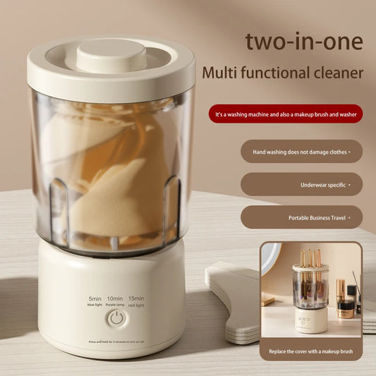 Two-in-one multi-functional washing machine with a clear container on a beige background