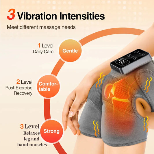 Massage device with vibration intensity levels on a beige background