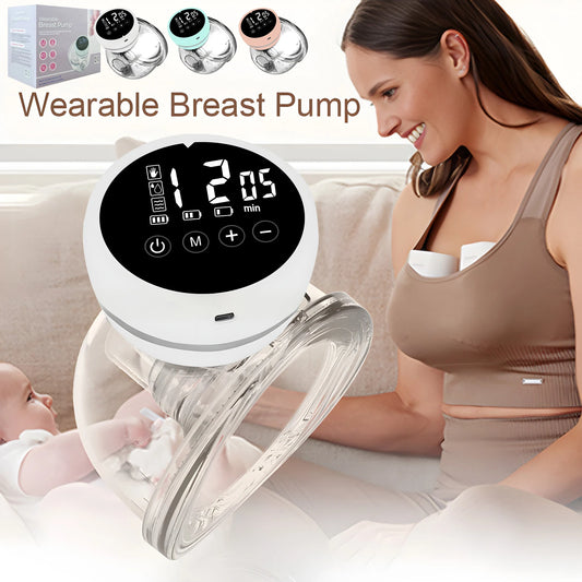 Wearable breast pump with digital display and woman using it, with product packaging in the corner.