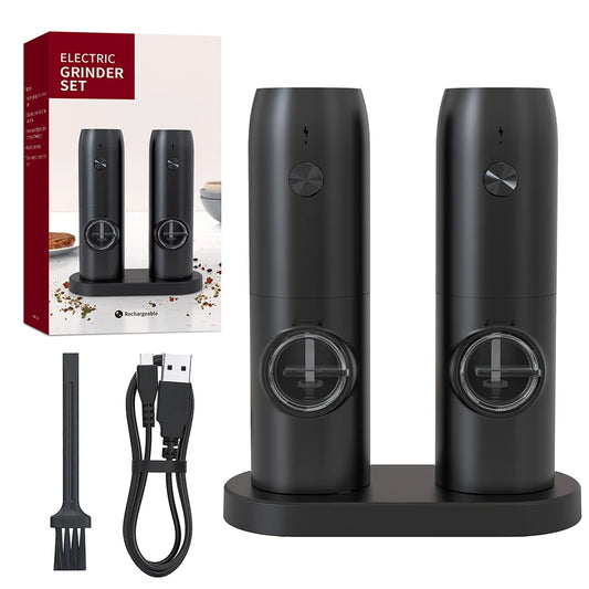 Black electric grinder set with packaging, USB cable, and brush on a white background