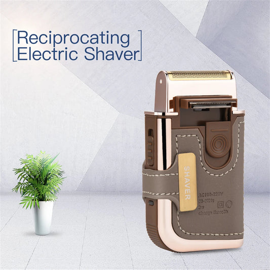 Reciprocating electric shaver with a plant on a light gray background